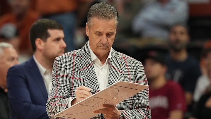 Feb 5, 2025; Austin, Texas, USA; Arkansas Razorbacks head coach John Calipari draws out a play during the first half against the Texas Longhorns at Moody Center. Mandatory Credit: Scott Wachter-Imagn Images