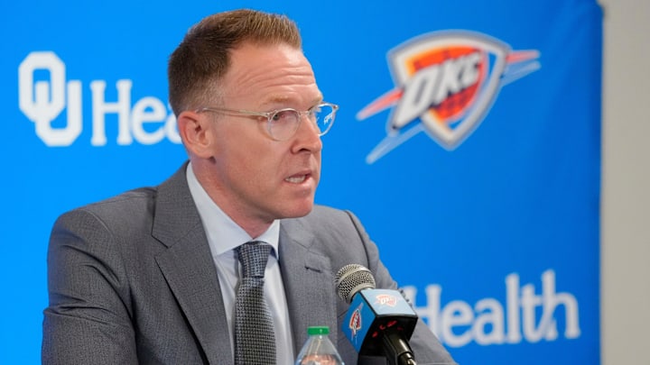 Thunder general manager Sam Presti speaks during an introductory press conference for the 2024 Thunder draft picks at Oklahoma Contemporary Arts Center in Oklahoma City, Saturday, June, 29, 2024. Thunder general manager Sam Presti speaks during an introductory press conference for the 2024 Thunder draft picks at Oklahoma Contemporary Arts Center in Oklahoma City, Saturday, June, 29, 2024.