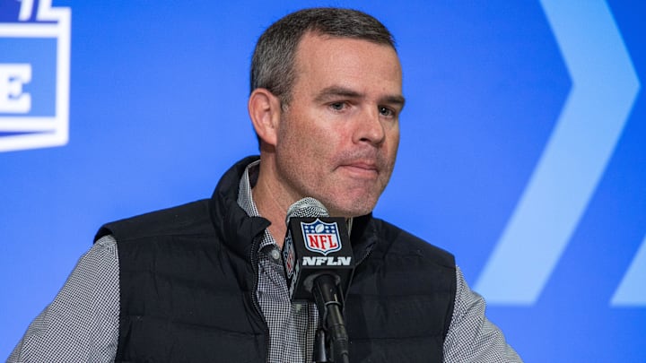 Feb 28, 2023; Indianapolis, IN, USA; Buffalo Bills general manager Brandon Beane speaks to the press at the NFL Combine.