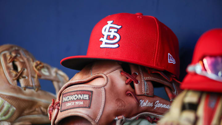 Sep 5, 2023; Atlanta, Georgia, USA; A detailed view of the hat and glove of St. Louis Cardinals second baseman Nolan Gorman (not pictured) before a game against the Atlanta Braves at Truist Park. Mandatory Credit: Brett Davis-Imagn Images