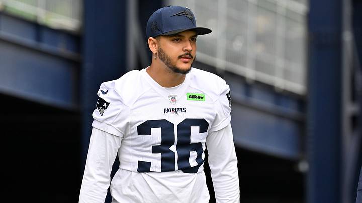 Jun 9, 2025; Foxborough, MA, USA; New England Patriots place kicker Andres Borregales (36) walks to the practice fields at Gillette Stadium. Mandatory Credit: Eric Canha-Imagn Images