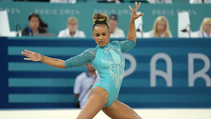 Rebeca Andrade of Brazil competes on the floor exercise on day three of the gymnastics event finals during the Paris 2024 Olympic Summer Games. Rebeca Andrade of Brazil competes on the floor exercise on day three of the gymnastics event finals during the Paris 2024 Olympic Summer Games.