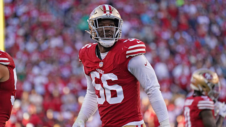 Sep 9, 2024; Santa Clara, California, USA; San Francisco 49ers defensive end Leonard Floyd (56) watches the video replay in the second quarter against the New York Jets at Levi's Stadium. Mandatory Credit: David Gonzales-Imagn Images