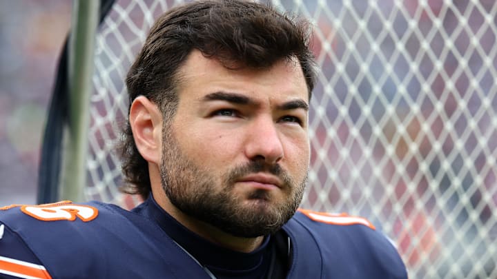 Oct 19, 2025; Chicago, Illinois, USA; Chicago Bears kicker Jake Moody (16) on the sidelines against the New Orleans Saints during the second half at Soldier Field.