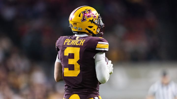 Dec 26, 2025; Phoenix, AZ, USA; Detailed view of the jersey of Minnesota Golden Gophers defensive back Koi Perich (3) against the New Mexico Lobos during the Rate Bowl at Chase Field. Mandatory Credit: Mark J. Rebilas-Imagn Images
