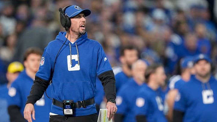 Indianapolis Colts head coach Shane Steichen yells from the sideline Sunday, Nov. 24, 2024, during a game against the Detroit Lions at Lucas Oil Stadium in Indianapolis. Indianapolis Colts head coach Shane Steichen yells from the sideline Sunday, Nov. 24, 2024, during a game against the Detroit Lions at Lucas Oil Stadium in Indianapolis.