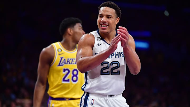 Apr 24, 2023; Los Angeles, California, USA; Memphis Grizzlies guard Desmond Bane (22) reacts after scoring a basket against the Los Angeles Lakers during the second half in game four of the 2023 NBA playoffs at Crypto.com Arena. Mandatory Credit: Gary A. Vasquez-USA TODAY Sports