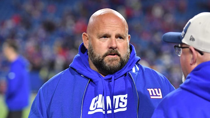Oct 15, 2023; Orchard Park, New York, USA; New York Giants head coach Brian Daboll talks with a