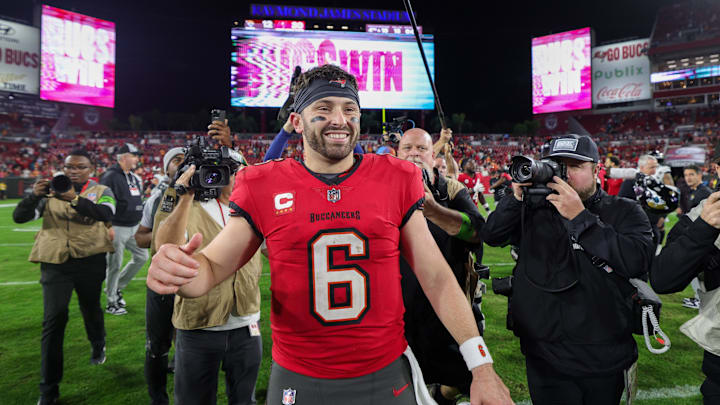 Dec 24, 2023; Tampa, Florida, USA;  Tampa Bay Buccaneers quarterback Baker Mayfield (6) celebrates