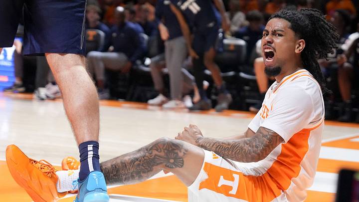Tennessee guard Terrence Hill Jr. (3) reacts after being fouled while scoring during a college basketball exhibition game against Xavier on Oct. 15, 2026, in Knoxville, Tennessee.