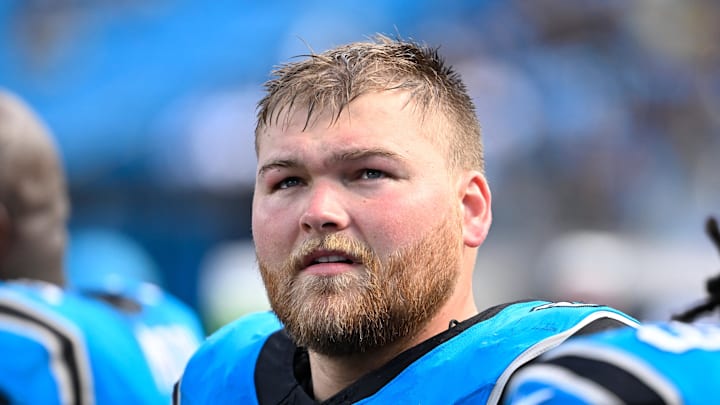 Sep 21, 2025; Charlotte, North Carolina, USA; Carolina Panthers center Cade Mays (64) on the sidelines in the fourth quarter at Bank of America Stadium. Mandatory Credit: Bob Donnan-Imagn Images Sep 21, 2025; Charlotte, North Carolina, USA; Carolina Panthers center Cade Mays (64) on the sidelines in the fourth quarter at Bank of America Stadium. Mandatory Credit: Bob Donnan-Imagn Images