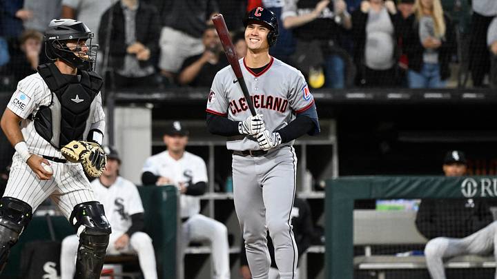 Jun 23, 2026: Cleveland Guardians right fielder Stuart Fairchild (17) reacts after being called futon strikes during the eighth inning against the Chicago White Sox at Rate Field. Credit: Matt Marton-Imagn Images