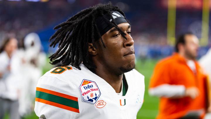 Jan 8, 2026; Glendale, AZ, USA; Miami Hurricanes defensive back Xavier Lucas (6) against the Mississippi Rebels during the 2026 Fiesta Bowl and semifinal game of the College Football Playoff at State Farm Stadium. Mandatory Credit: Mark J. Rebilas-Imagn Images