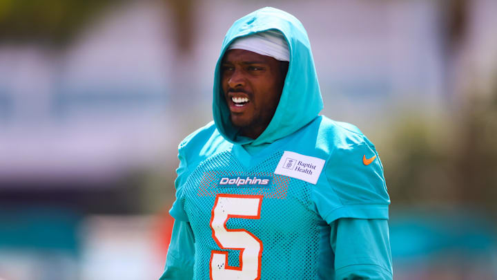 Jul 28, 2024; Miami Gardens, FL, USA; Miami Dolphins cornerback Jalen Ramsey (5) looks on during training camp at Baptist Health Training Complex. Mandatory Credit: Sam Navarro-Imagn Images