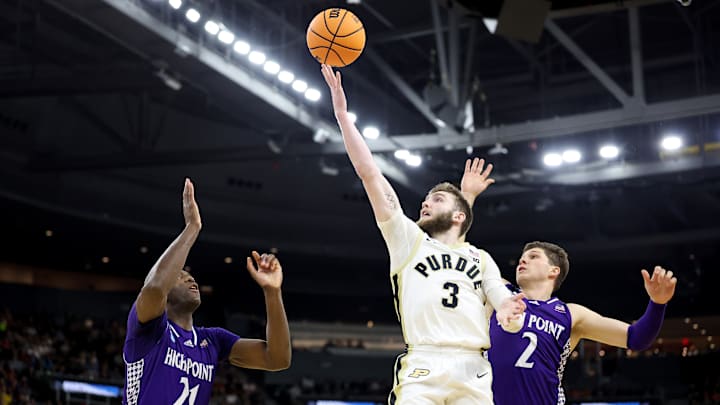 Purdue Boilermakers guard Braden Smith completes a layup in the first round of the 2025 NCAA D1 Men's Basketball Tournament.