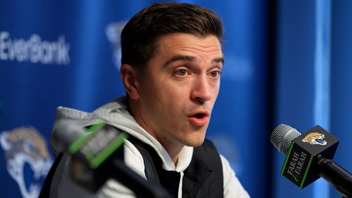 Jacksonville Jaguars general manager James Gladstone speaks during a press conference at the Miller Electric Center, Wednesday, Jan. 14, 2026, in Jacksonville, Fla.