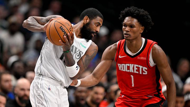Feb 8, 2025; Dallas, Texas, USA; Dallas Mavericks guard Kyrie Irving (11) and Houston Rockets forward Amen Thompson (1) in action during the game between the Dallas Mavericks and the Houston Rockets at the American Airlines Center. Mandatory Credit: Jerome Miron-Imagn Images Feb 8, 2025; Dallas, Texas, USA; Dallas Mavericks guard Kyrie Irving (11) and Houston Rockets forward Amen Thompson (1) in action during the game between the Dallas Mavericks and the Houston Rockets at the American Airlines Center. Mandatory Credit: Jerome Miron-Imagn Images