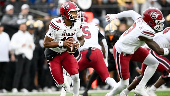 Nov 9, 2024; Nashville, Tennessee, USA;  South Carolina Gamecocks quarterback LaNorris Sellers (16) scrambles against the Vanderbilt Commodores during the first half at FirstBank Stadium. Mandatory Credit: Steve Roberts-Imagn Images