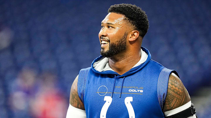 Indianapolis Colts defensive tackle DeForest Buckner (99) smiles Sunday, Nov. 10, 2024, during a game against the Buffalo Bills at Lucas Oil Stadium in Indianapolis.