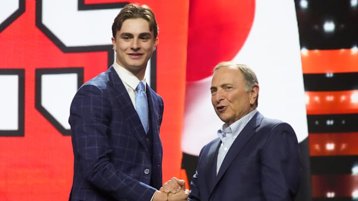 Jun 27, 2025; Los Angeles, California, USA; Porter Martone is selected as the sixth overall pick to the Philadelphia Flyers in the first round of the 2025 NHL Draft at Peacock Theater.