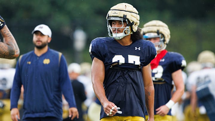 Notre Dame linebacker Kyngstonn Viliamu-Asa participates in a drill during a Notre Dame football practice at Irish Athletic Center on Tuesday, Aug. 6, 2024, in South Bend.