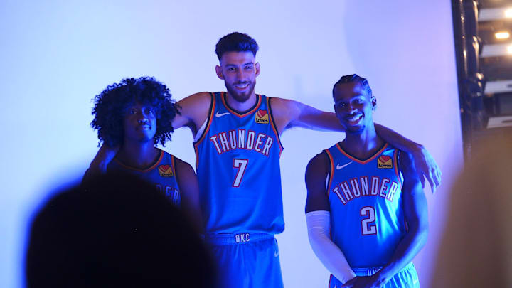 Jalen Williams, Chet Holmgren and Shai Gilgeous-Alexander. Thunder media day ay the Paycom Center Monday, Sept. 30, 2024. Jalen Williams, Chet Holmgren and Shai Gilgeous-Alexander. Thunder media day ay the Paycom Center Monday, Sept. 30, 2024.