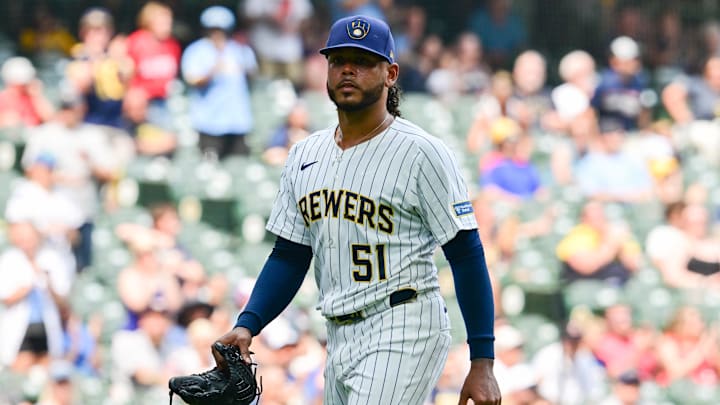 Jul 13, 2025; Milwaukee, Wisconsin, USA; Milwaukee Brewers starting pitcher Freddy Peralta (51) walks off the mound after pitching six plus innings against the Washington Nationals at American Family Field. Mandatory Credit: Benny Sieu-Imagn Images