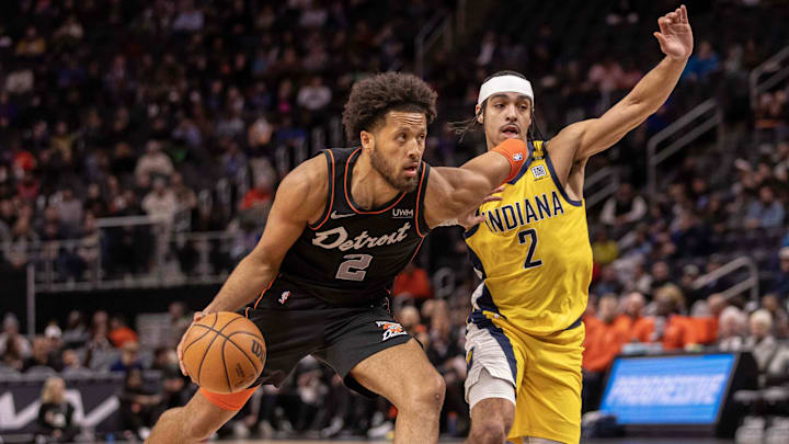 Mar 20, 2024; Detroit, Michigan, USA; Detroit Pistons guard Cade Cunningham (2) drives to the basket next to Indiana Pacers guard Andrew Nembhard (2) in the first half at Little Caesars Arena. Mandatory Credit: David Reginek-Imagn Images Mar 20, 2024; Detroit, Michigan, USA; Detroit Pistons guard Cade Cunningham (2) drives to the basket next to Indiana Pacers guard Andrew Nembhard (2) in the first half at Little Caesars Arena. Mandatory Credit: David Reginek-Imagn Images