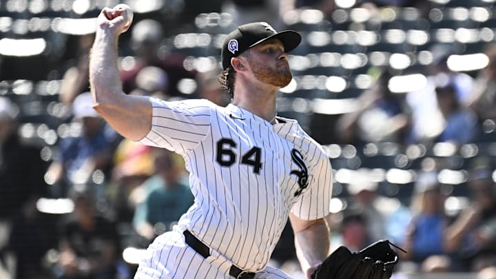 Sep 11, 2025; Chicago, Illinois, USA;  Chicago White Sox pitcher Shane Smith (64) delivers against the Tampa Bay Rays during the first inning at Rate Field. Mandatory Credit: Matt Marton-Imagn Images