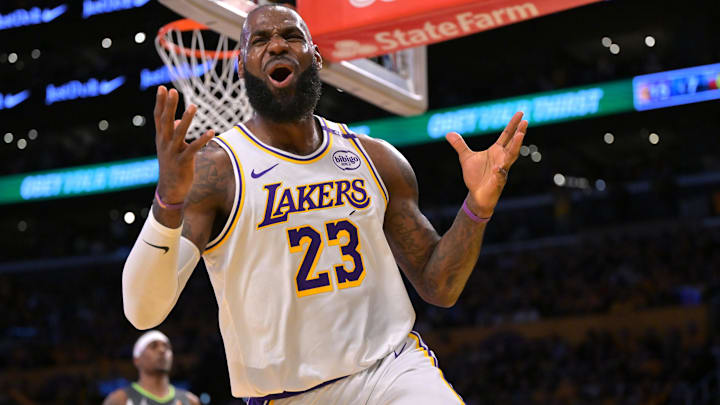 Los Angeles Lakers forward LeBron James (23) reacts after missing a pass in the first quarter against the Minnesota Timberwolves at Crypto.com Arena.