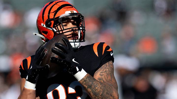 Cincinnati Bengals tight end Erick All Jr. (83) catches a pass before the NFL game between the Cincinnati Bengals and the Las Vegas Raiders at Paycor Stadium in Cincinnati on Sunday, Nov. 3, 2024. Cincinnati Bengals tight end Erick All Jr. (83) catches a pass before the NFL game between the Cincinnati Bengals and the Las Vegas Raiders at Paycor Stadium in Cincinnati on Sunday, Nov. 3, 2024.