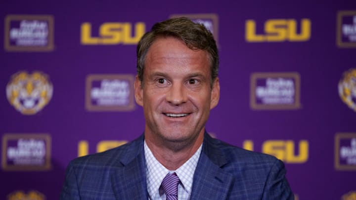 LSU Tigers head coach Lane Kiffin speaks at South Stadium Club at Tiger Stadium. 