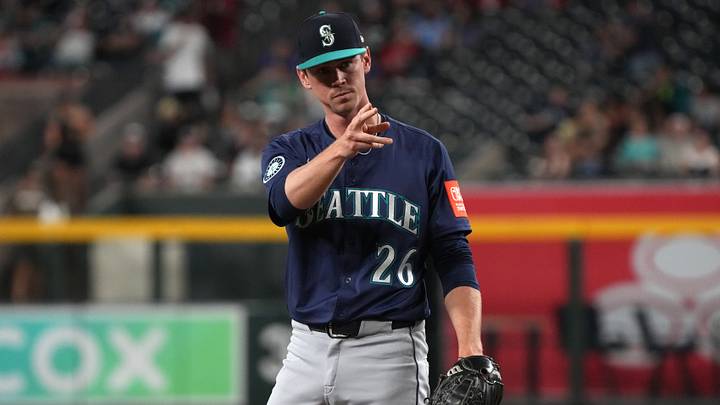 Jun 9, 2025; Phoenix, Arizona, USA; Seattle Mariners pitcher Emerson Hancock (26) throws against the Arizona Diamondbacks in the first inning at Chase Field. Mandatory Credit: Rick Scuteri-Imagn Images