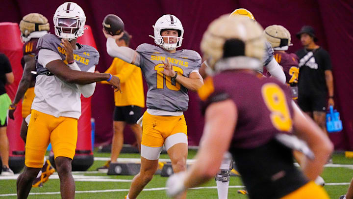 Arizona State quarterback Sam Leavitt (10) throws a pass during a practice at the Verde Dickey Dome in Tempe on Aug. 19, 2025.