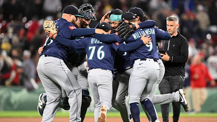 The Seattle Mariners celebrate after a win against the Boston Red Sox on April 23 at Fenway Park. The Seattle Mariners celebrate after a win against the Boston Red Sox on April 23 at Fenway Park.