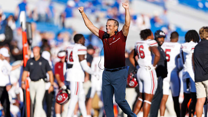 Sep 7, 2024; Lexington, Kentucky, USA; South Carolina Gamecocks head coach Shane Beamer celebrates during the fourth quarter against the Kentucky Wildcats at Kroger Field. Mandatory Credit: Jordan Prather-Imagn Images