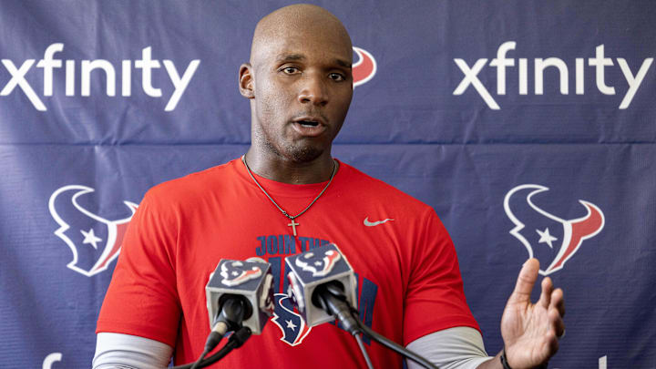 Houston Texans head coach DeMeco Ryans talks to the media after training camp practice at the Houston Methodist Training Center.