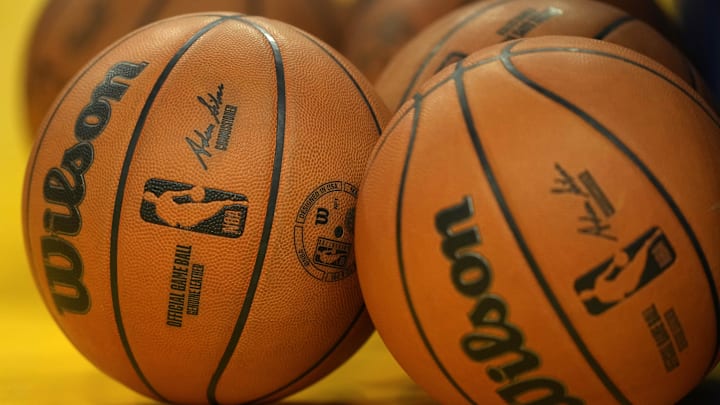 Apr 26, 2025; San Francisco, California, USA; Basketballs sit on the court before game three of first round for the 2024 NBA Playoffs between the Golden State Warriors and the Houston Rockets at Chase Center. Apr 26, 2025; San Francisco, California, USA; Basketballs sit on the court before game three of first round for the 2024 NBA Playoffs between the Golden State Warriors and the Houston Rockets at Chase Center.