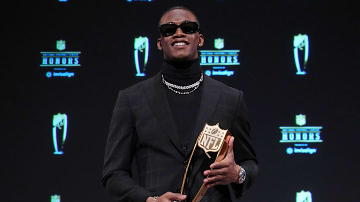 Feb 9, 2023; Phoenix, Arizona, US; New York Jets wide receiver Garrett Wilson poses for a photo