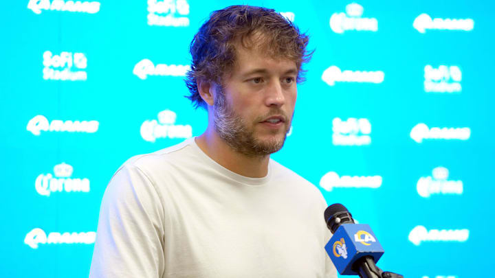 Sep 7, 2025; Inglewood, California, USA; Los Angeles Rams quarterback Matthew Stafford at press conference after the game against the Houston Texans at SoFi Stadium. Mandatory Credit: Kirby Lee-Imagn Images Sep 7, 2025; Inglewood, California, USA; Los Angeles Rams quarterback Matthew Stafford at press conference after the game against the Houston Texans at SoFi Stadium. Mandatory Credit: Kirby Lee-Imagn Images
