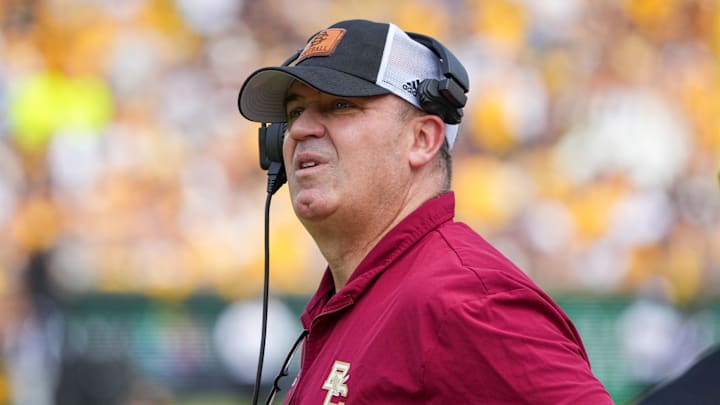 Sep 14, 2024; Columbia, Missouri, USA; Boston College Eagles head coach Bill O'Brien watches the replay board against the Missouri Tigers during the first half at Faurot Field at Memorial Stadium. Mandatory Credit: Denny Medley-Imagn Images