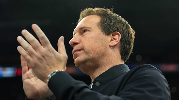 Dec 31, 2023; Phoenix, Arizona, USA; Phoenix Suns owner Mat Ishbia applauds during the first half of the game against the Orlando Magic at Footprint Center. Mandatory Credit: Joe Camporeale-Imagn Images