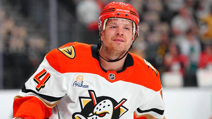 May 6, 2026; Las Vegas, Nevada, USA; Anaheim Ducks defenseman John Carlson (74) warms up before the start of game two against the Vegas Golden Knights in the second round of the 2026 Stanley Cup Playoffs at T-Mobile Arena. Mandatory Credit: Stephen R. Sylvanie-Imagn Images