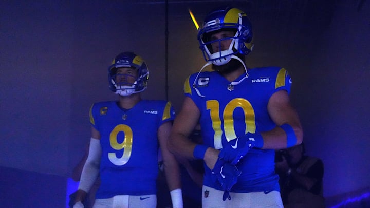 Dec 17, 2023; Inglewood, California, USA; Los Angeles Rams quarterback Matthew Stafford (9) and wide receiver Cooper Kupp (10) 