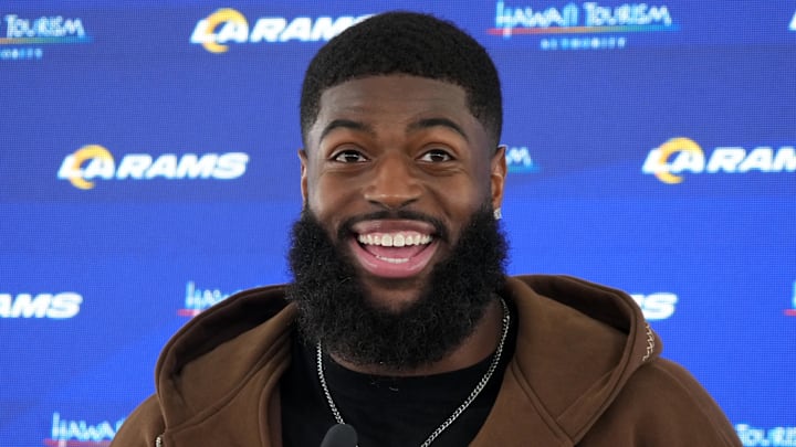 Jun 3, 2025; Woodland Hills, CA, USA; Los Angeles Rams linebacker Jared Verse at a press conference during organized team activities at Rams Practice Facility. Mandatory Credit: Kirby Lee-Imagn Images