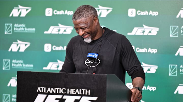 Jun 10, 2025; East Rutherford, NJ, USA; New York Jets head coach Aaron Glenn speaks at a press conference during minicamp at Atlantic Health Jets Training Center. Mandatory Credit: John Jones-Imagn Images