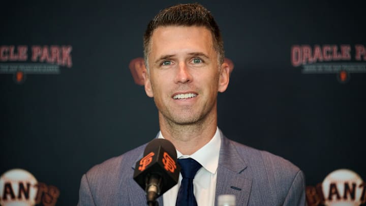 Oct 1, 2024; San Francisco, CA, USA; San Francisco Giants president of baseball operations Buster Posey addresses the media during an introductory press conference at Oracle Park.