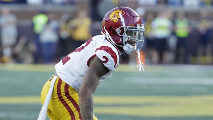 Sep 21, 2024; Ann Arbor, Michigan, USA;  USC Trojans cornerback Jaylin Smith (2) pursues a play on defense against the Michigan Wolverines at Michigan Stadium. Mandatory Credit: Rick Osentoski-Imagn Images