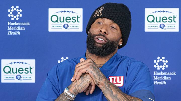 Jun 3, 2026; East Rutherford, NJ, USA; New York Giants wide receiver Odell Beckham Jr. (3) talks with media after organized team activities at Quest Diagnostics Training Center.  