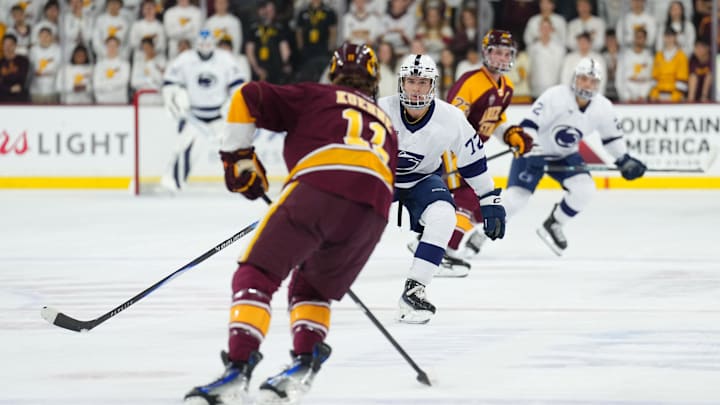 Oct 3, 2025; Tempe, AZ, USA; Penn State Nittany Lions forward Gavin McKenna (72) in action against the Arizona State Sun Devils during the first period at Mullett Arena. Mandatory Credit: Joe Camporeale-Imagn Images